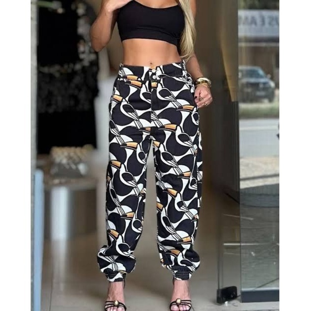 Farm Rio Anthropologie Pants Womens G US Large Black Toucan Denim Joggers Resort